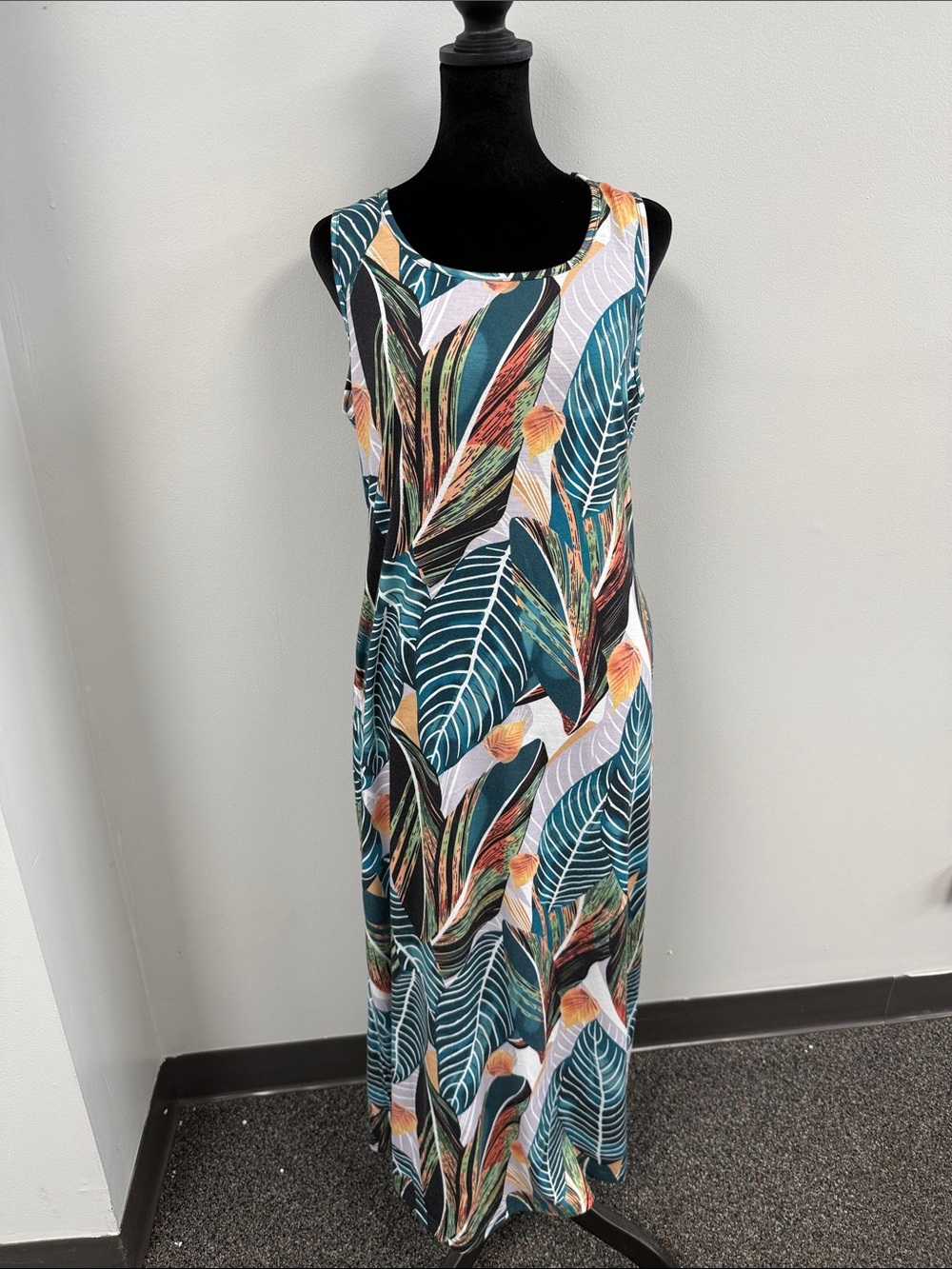 Tropical Leaf Tank Maxi Dress - Teal Multi
